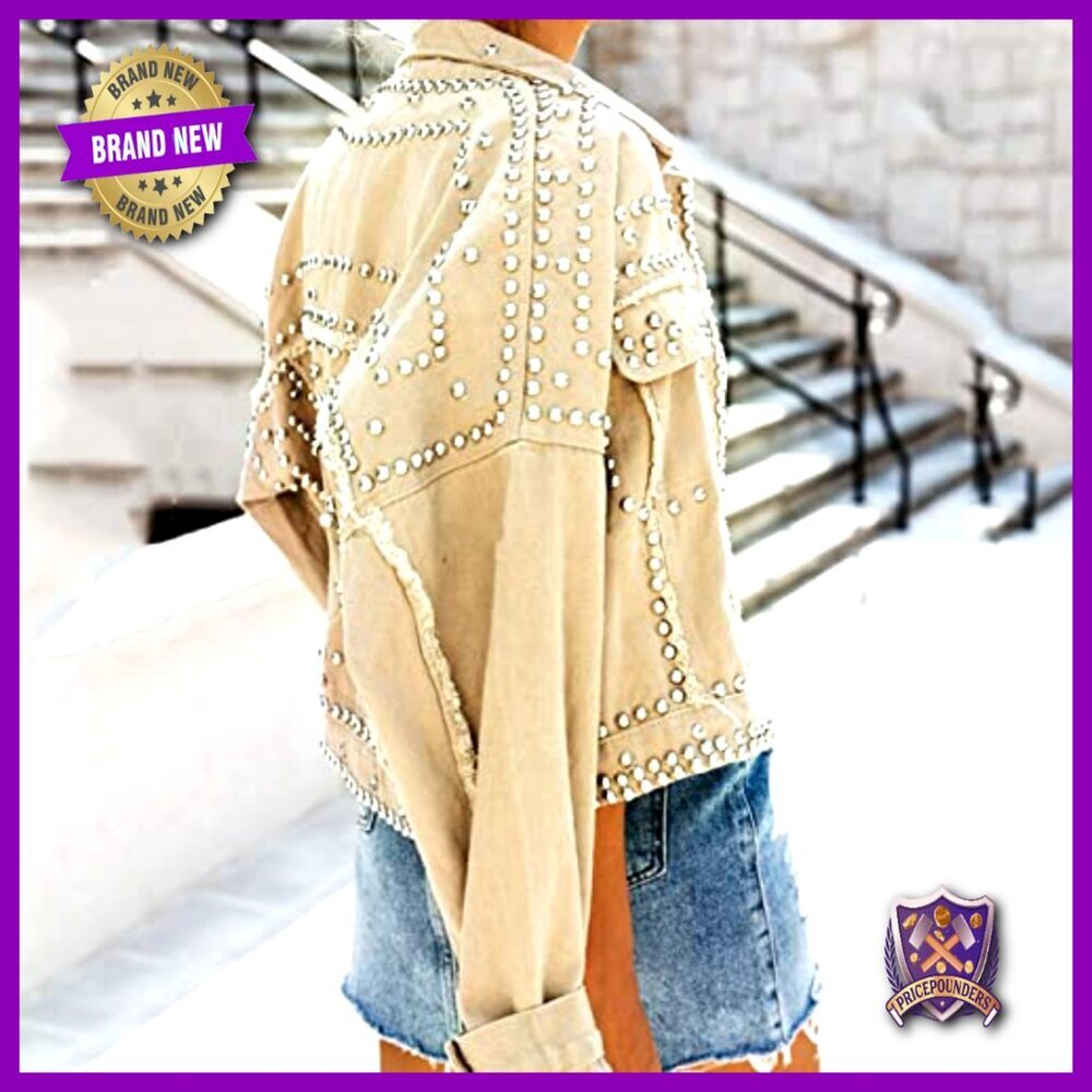 Distressed Denim Jacket Oversized Fringe Studded Western Punk Style - Picture 6 of 7
